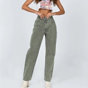 Princess Polly holly asymmetric straight leg jeans green denim